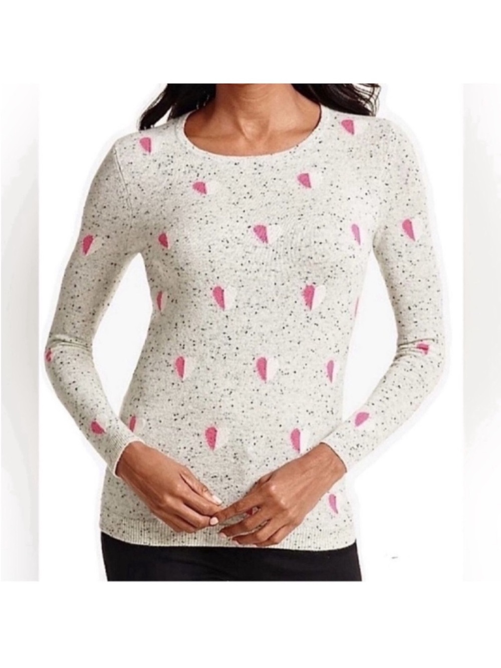 TALBOTS Cashmere Heart Sweater Sz M Valentine Soft Knit Gray Pink Crew